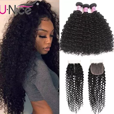 Malaysian Jerry Curly Human Hair Extensions Bundles With T Part Lace Closure US • $131.52