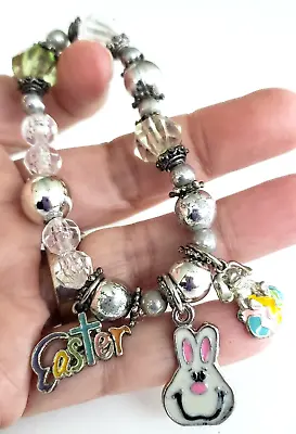 Vintage Enamel Easter Charm Acrylic Bead Silver Tone Stretch Bracelet 7  • $9.35