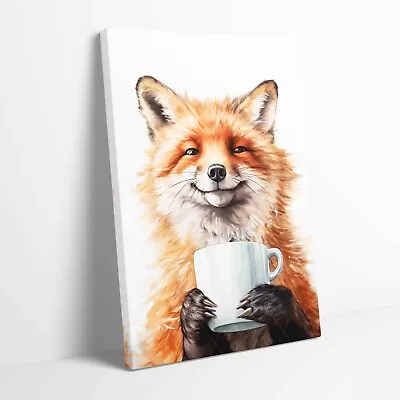 Cute Fox Morning Coffee Stretched Canvas Or Unframed Poster Art More Sizes • £12.99