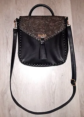 MUDD Black And Brown FAUX Tooled Leather Fringe Purse Shoulder Bag Western Boho • $9.99