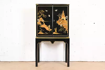 Baker Furniture Hollywood Regency Chinoiserie Black Lacquered Bar Cabinet • $4500