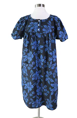 Vintage Kaftan Women's Mumu Dress 100% Cotton Blue Black Hawaiian Print Large • $22.49