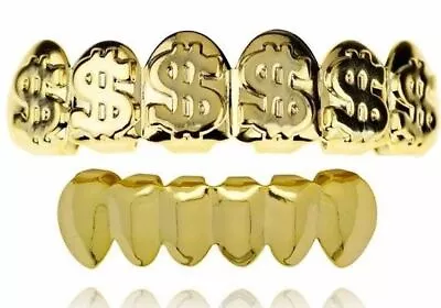 Hip Hop 14K Gold Plated Mouth Teeth Grillz Set Pimp Cash Money Dollar Sign • $13.99
