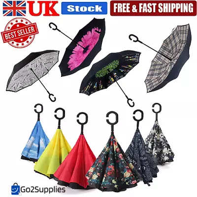 Upside Down Reverse Umbrella C-Handle New Double Layer Waterproof 28 Colours! UK • £4.50