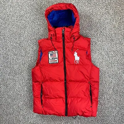 VTG Polo Ralph Lauren Red Down Vest Mens Medium PRL67 Downhill Alpine Ski Hooded • $150