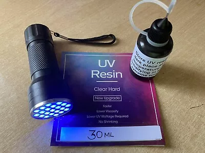 £12.95 • Buy 30GR Repair UV RESIN, Glue For Glass, Plastic -21 Led Uv TORCH FREE BATTERIES