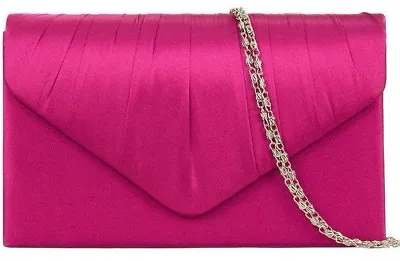 Pink Clutch Bag Ladies Cerise Satin Evening Bag Fuchsia Shoulder Bag Hot Pink • £12.99