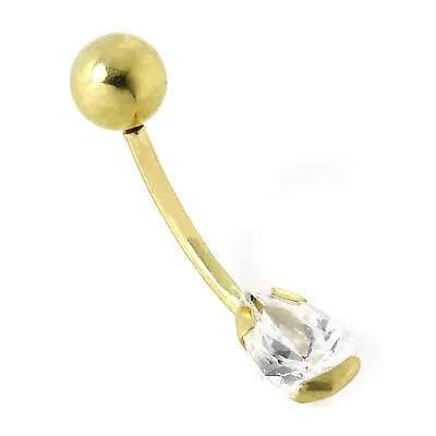 9ct Yellow Gold & CZ Crystal Pear Drop Belly Bar Body Piercing Jewellery 17Ga • £45