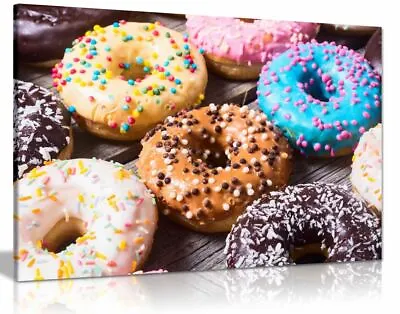 Colourful Frosted Doughnuts Cafe Coffee Shop Canvas Wall Art Picture Print • £11.99