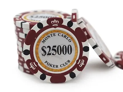 25 Monte Carlo Poker Club 14g Premium Clay Poker Chips - $25000 Denomination • $15.96