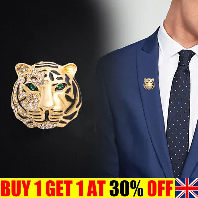 Vintage Style Rhinestone Tiger Head Brooch Men Party Brooch Pin Gift Gold Li • £4.50