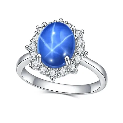 Blue Lindy Star Sapphire Halo Engagement Ring 925 Sterling Silver Cocktail Ring • $48.48