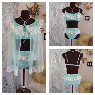 Vintage Siren 3 Pc. Chiffon Babydoll Nightgown Bra Top Panties Lingerie • $95