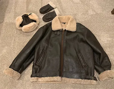 Cabela’s Mens 2XLT Shearling Lined Leather Bomber Jacket W/ Bomber Hat & Mittens • $299
