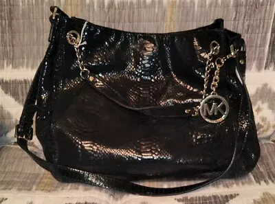 Michael Kors Black Glossy Python Embossed Leather Fulton Shoulder Bag Beautiful • $56