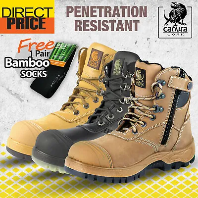 Canura Safety Work Boots Zip Anti Penetration Steel Toe Cap PRESS STUD CLIP Shoe • $124.95