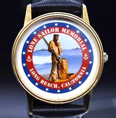 Vtg LONE SAILOR MEMORIAL Long Beach Ca Men's Watch U.S. Navy Image NEW BATTERY • $49.60