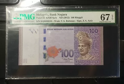 Malaysia Banknote Rm100 Pmg67epq Low Number Bq0000048 Zeti Gabenor • $118