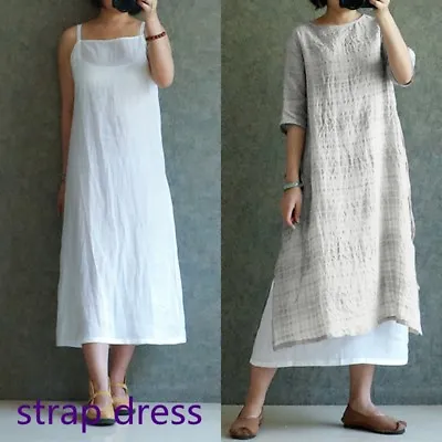 Summer Women Strappy 100%Cotton Tank Maxi Long Dress Baggy Petticoat Kaftan Plus • $15.82