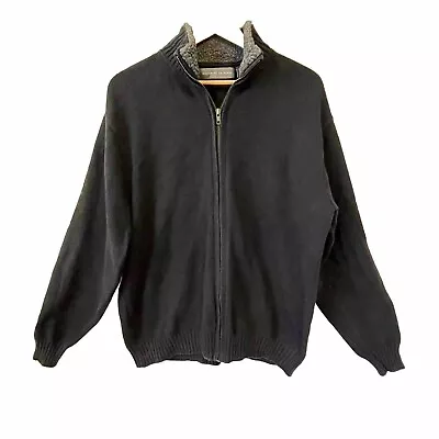 Oscar De La Renta Full Zip Sweater Cardigan Grandpa Mens Sz XL Black Gray Sherpa • $19.49