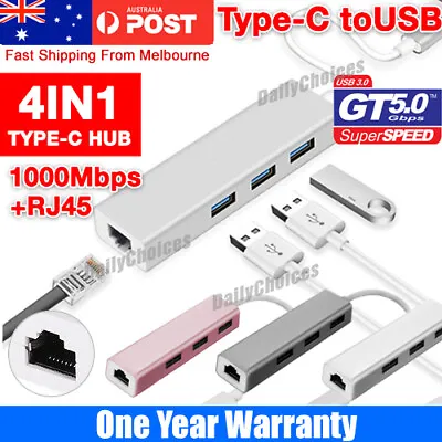 $16.95 • Buy Type C USB 3.1 To HUB 3 USB Port RJ45 Gigabit Ethernet Adapter 3.0 USB-C PC MAC