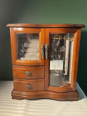 Vintage Wooden Armoire Jewelry Box Organizer Wood Display Glass Door Mirror • $25