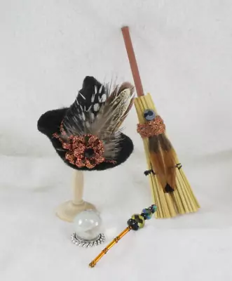 WMH Dollhouse Miniature Halloween Witch 4 Piece Set-Hat Broom Wand Crystal Ball • $12.99