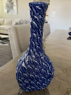 Vintage Cobalt Blue Art Pottery Ceramic Glazed 10.5” Fish Relief Vase Handmade • $49