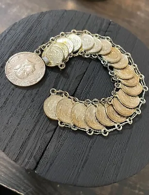 Vintage Mexicanos Silver Tone Coin Bracelet 7.5” Mid Century Mod Boho  • $35