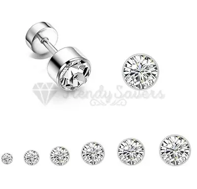 £3.49 • Buy Womens Mens  Round Diamond Cut Surgical Steel Silver Screw Back Stud Earrings