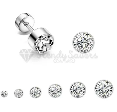 Womens Mens  Round Diamond Cut Surgical Steel Silver Screw Back Stud Earrings • £3.49