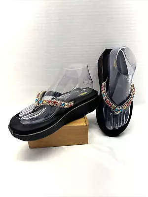 Volatile Multi Colored Rhinestone Flip Flops Slight Wedge Black Thongs Size 7 • $16.95