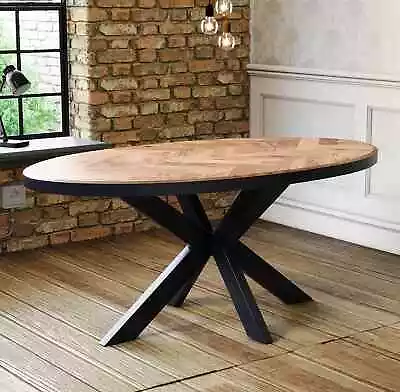 Oval Solid Mango Wood Dining Table Herringbone Design Black Iron Spider Base • £399.95