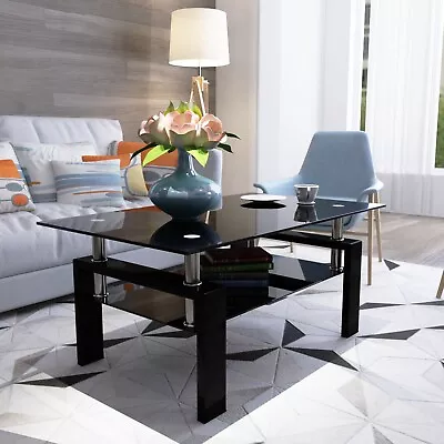 Black Glass Rectangle Coffee Table Modern Side Center For Living Room • $128.69