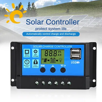 30A Solar Panel Battery Charge Controller 12V/24V LCD Regulator Auto Dual USB GB • £10.28