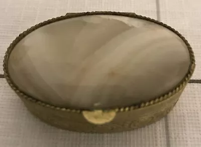 Vintage Green Agate Natural Stone Gold Tone Floral Design Trinket Or Pill Box • $25