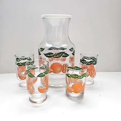 Vintage MCM Anchor Hocking Orange Juice Carafe Juice Glass Set Of 4 • $35