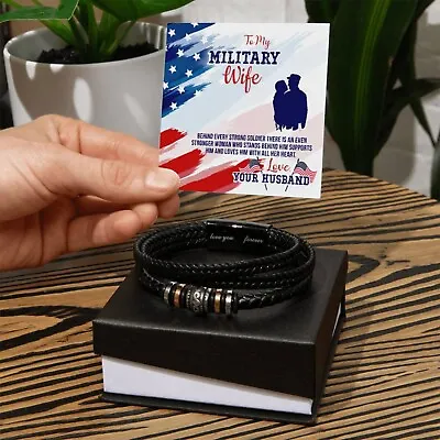 Braided Vegan Leather Stainless Steel Magnetic Bracelet For Military WIFE Gift • $39.90