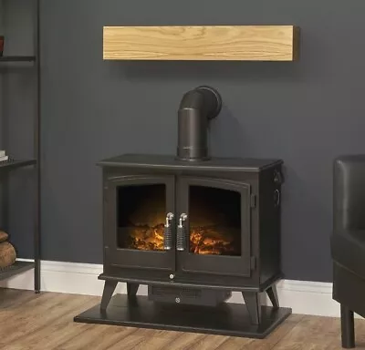 Black Electric Double Stove Fire Oak Beam Shelf Led Log Effect Freestanding Bnib • £399.99