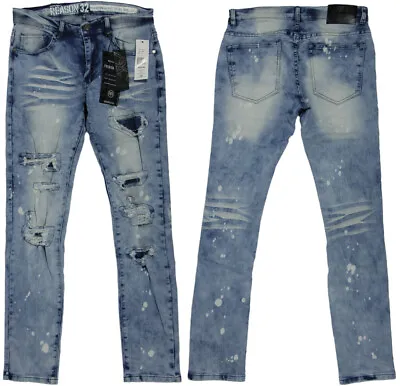 REASON Skinny Stretch Patched Jeans- NEW- $59- Faded Blue Punk Rock Denim Pants • $20.99