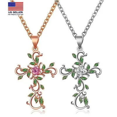 Fashion Women Creative Retro Necklace Flowers Leaf Jesus Cross Pendant 0398 • $5.99