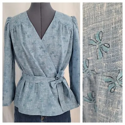 $14.99 • Buy Vintage Blue Bow Print Chambray Wrap Top With Fabric Belt Size 10?