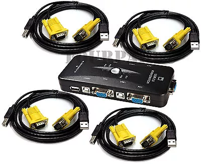 USB 2.0 4 Port Monitor VGA SVGA KVM Switch Box + 4 Cables For PC Keyboard Mouse • $24.09