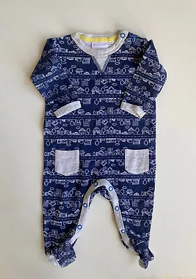 Marquise Baby Size 0-3 Months Blue One-piece Growsuit Houses Road Pockets EUC • $12.95