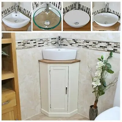 Bathroom Vanity Corner Unit | Oak Sink Cabinet | Ceramic Basin Tap & Plug Option • £329