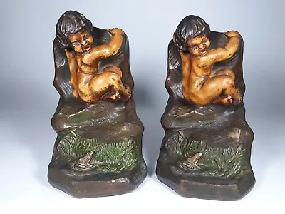 Antique SIGNED  S. MORANI Heavy ARMOR BRONZE CLAD Bookends Child Boy Frog Statue • $205