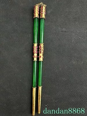 $651.56 • Buy 9.2  China Bronze Gilt Inlay Gem Emerald Green Jade Jadeite Chopsticks A Pair Of