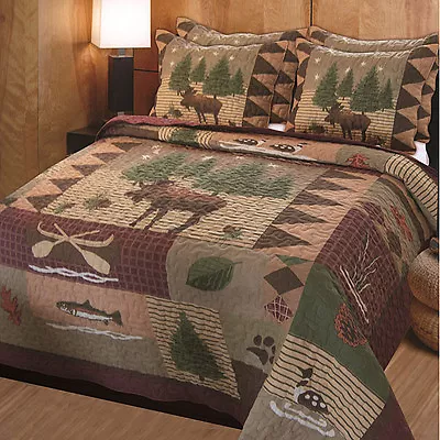 Cozy Tree Pine Lodge Snow Fish Moose Bear Plaid Hunt Log Cabin Rustic Quilt Set  • $156.32