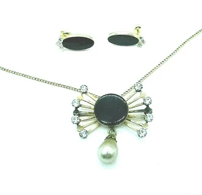 Van Dell Onyx Spray Brooch Pendant Necklace Post Earring Set Vintage 12kt GF • $25.50