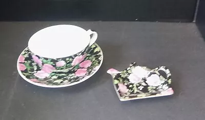 VINTAGE Porcelain 3 Pc CUP  SAUCER & Tea Bag Holder  Set FLORAL ROSES • $15
